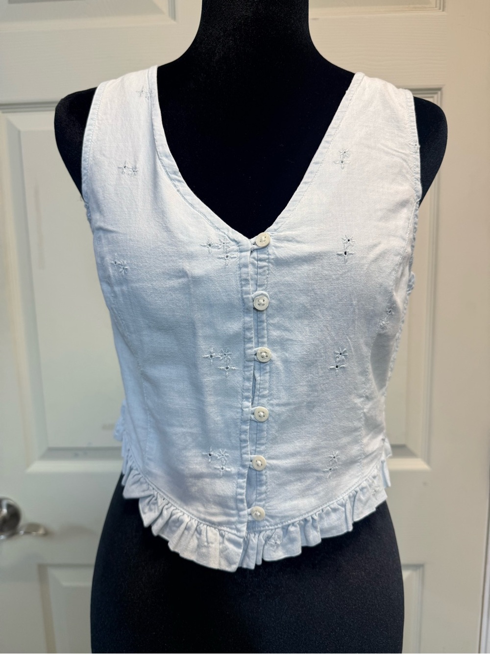 Levi's Slim Fit Pale Blue Eyelet Ruffle Button Top